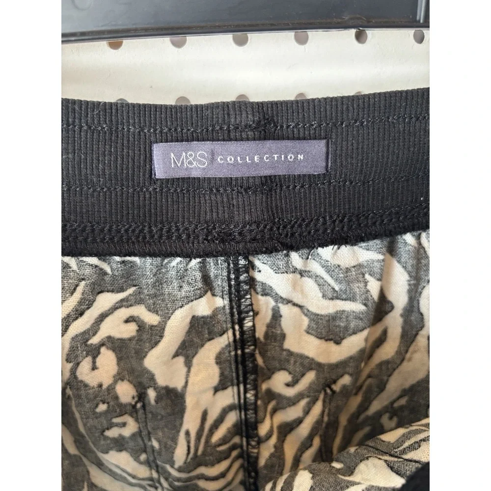 M&S Collection Women's‎ Size 4 Pull On Black Beige Print Knee Skirt Linen Blend